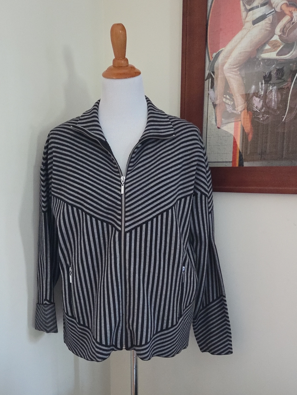 Cynthia Rowley Black & Gray Striped Zip-Front Bomber Jacket